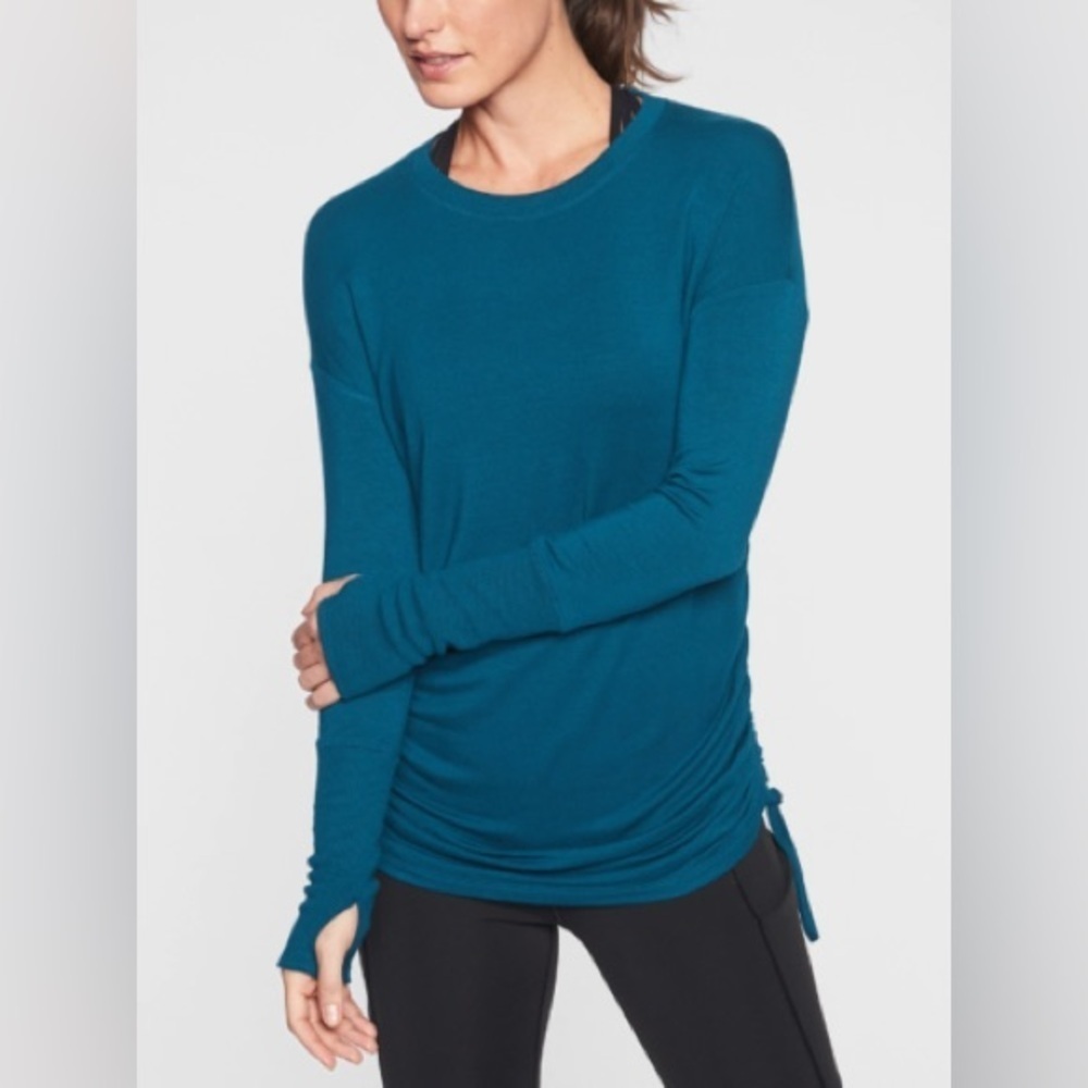 Athleta Top Womens Extra Small Blue Long Sleeve Pull Over Drishti Ruched Cinch